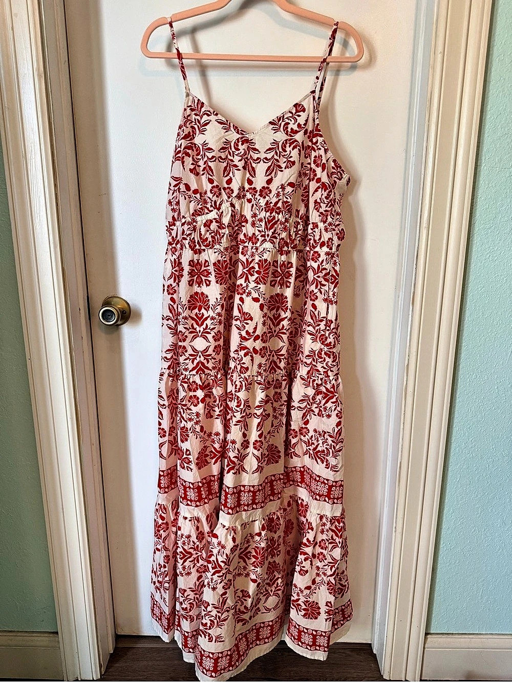 Time and Tru Red Ivory Floral Tiered Maxi Dress XL 16โ18 Pockets